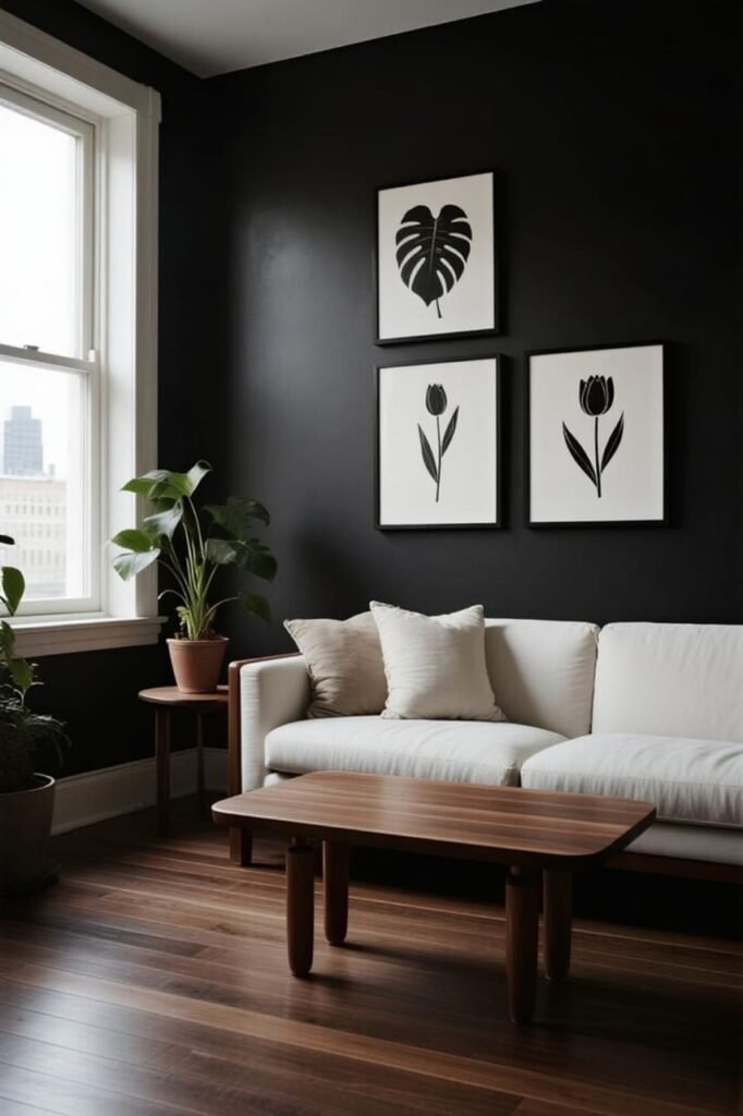 Minimalist black-and-white botanical line art prints in sleek frames above a sofa.