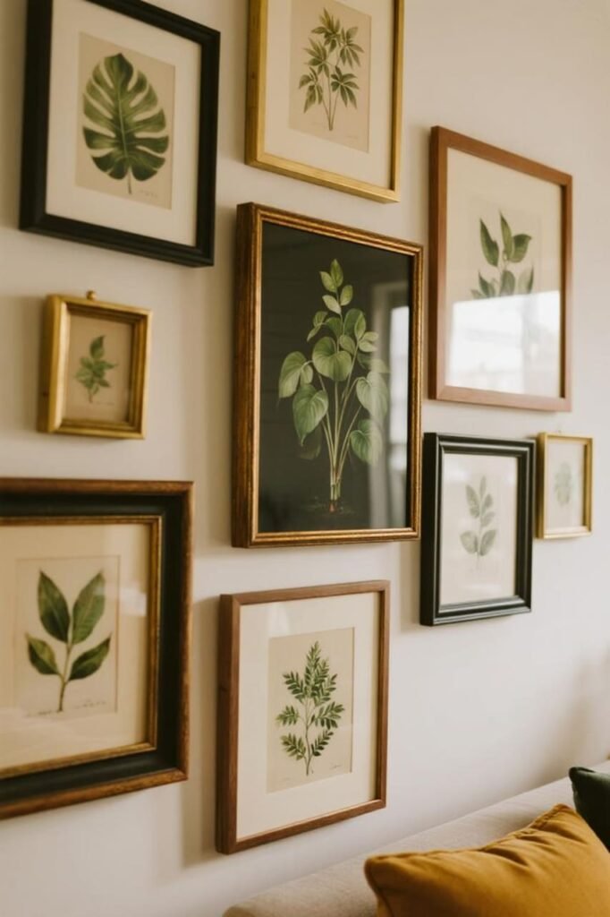 Botanical prints in mixed frames creating an eclectic gallery wall.