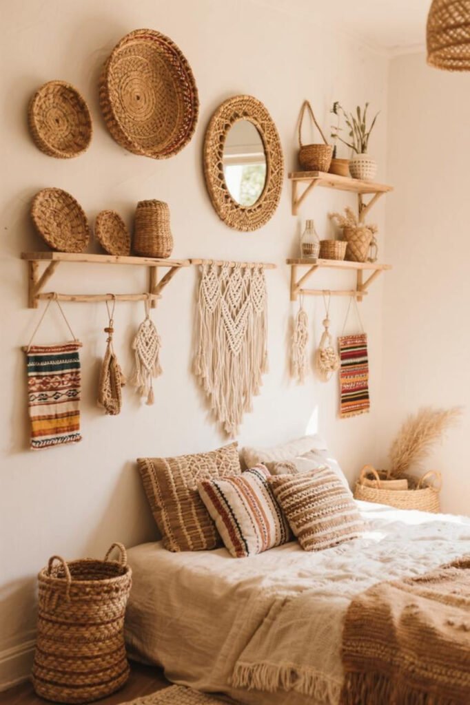 Eclectic bohemian wall with woven baskets, macramé shelves, rattan mirrors, and small hanging textiles.