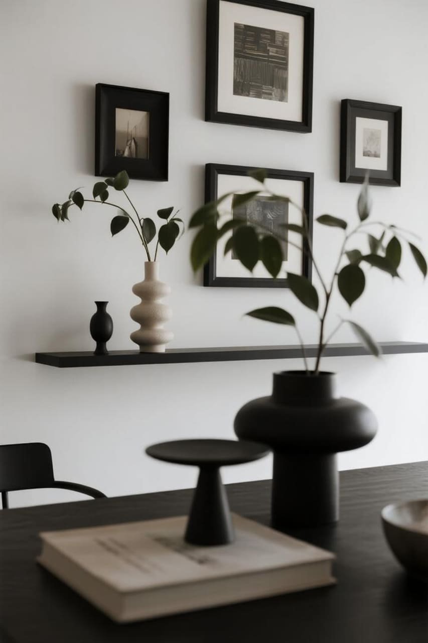Black-and-white gallery wall with shelves and 3D décor pieces for texture.