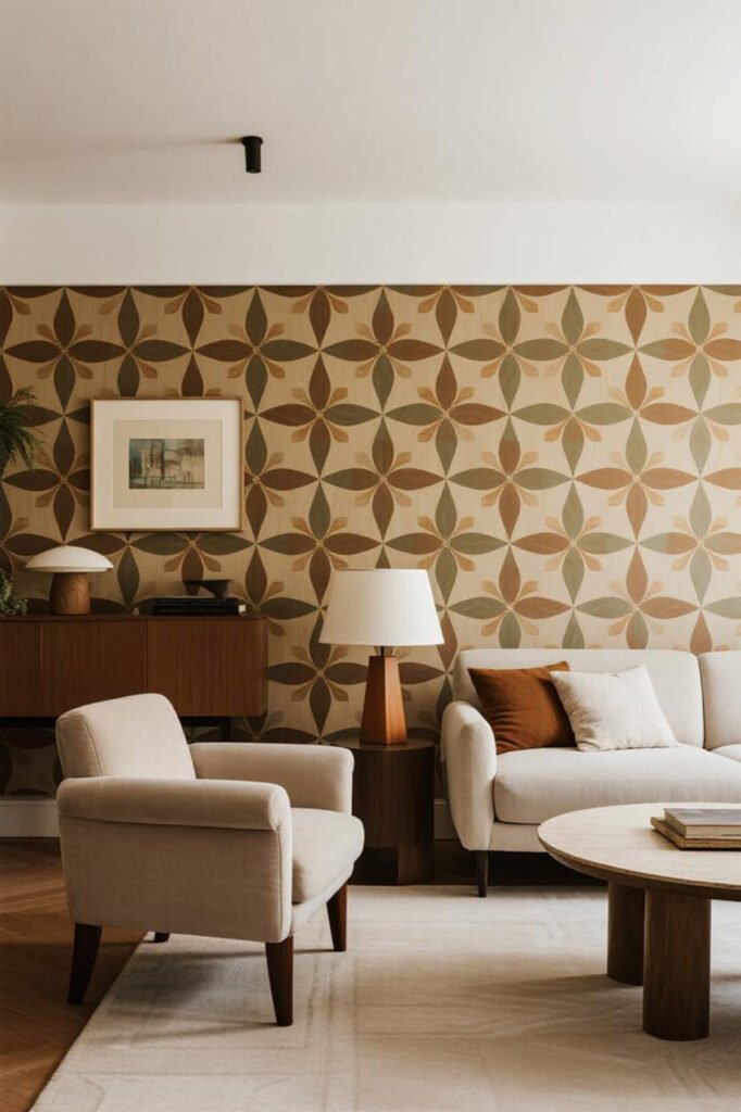 Modern furniture paired with retro wallpaper accent wall.