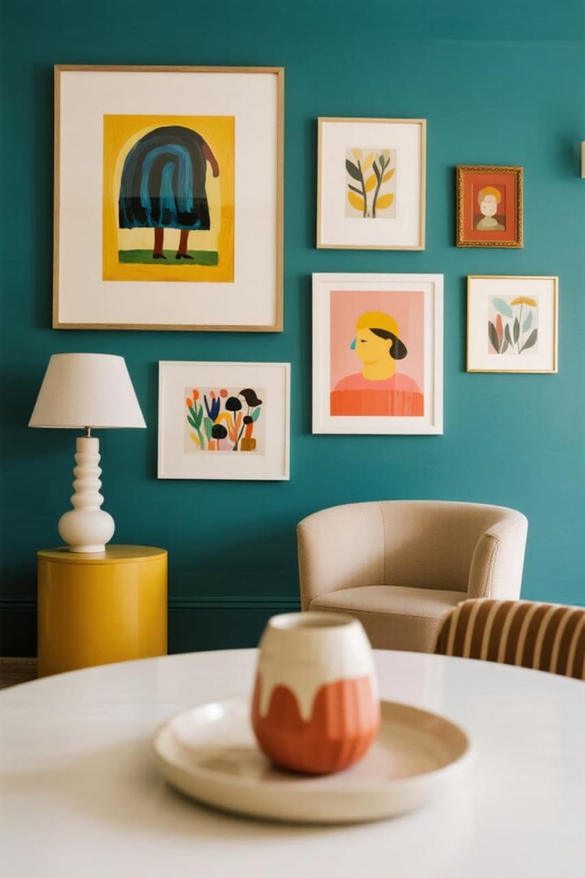 Wall display mixing large and small colorful printable art pieces in a cohesive color palette.