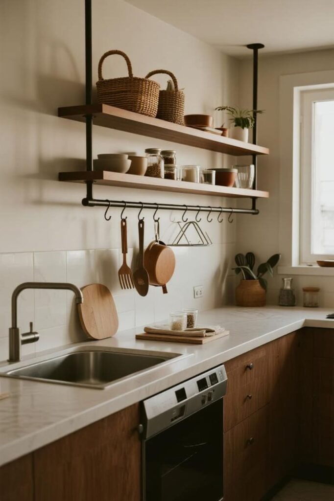 Modular wall rail system with shelves, hooks, and baskets.