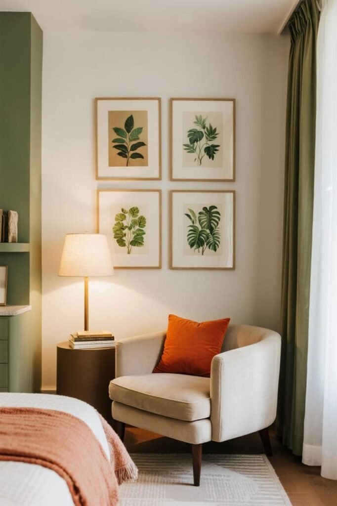 Muted earth-tone botanical prints styled above a cozy reading nook.