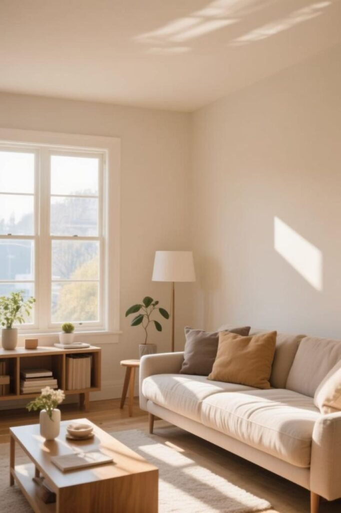 Living room wall color glowing in natural sunlight from a large window.