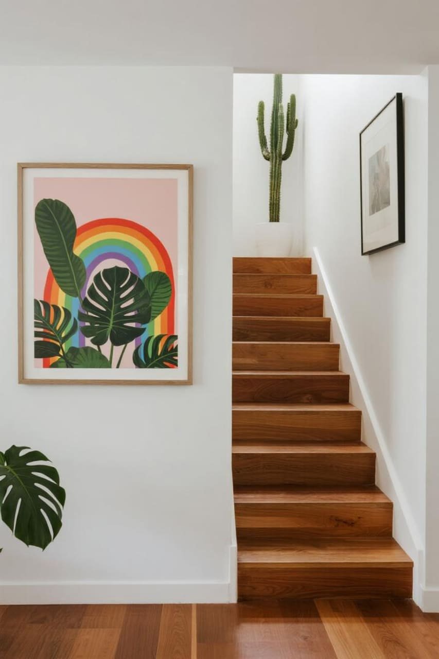 Entryway and staircase decorated with bold botanical printable wall art of oversized tropical leaves and rainbow cacti.