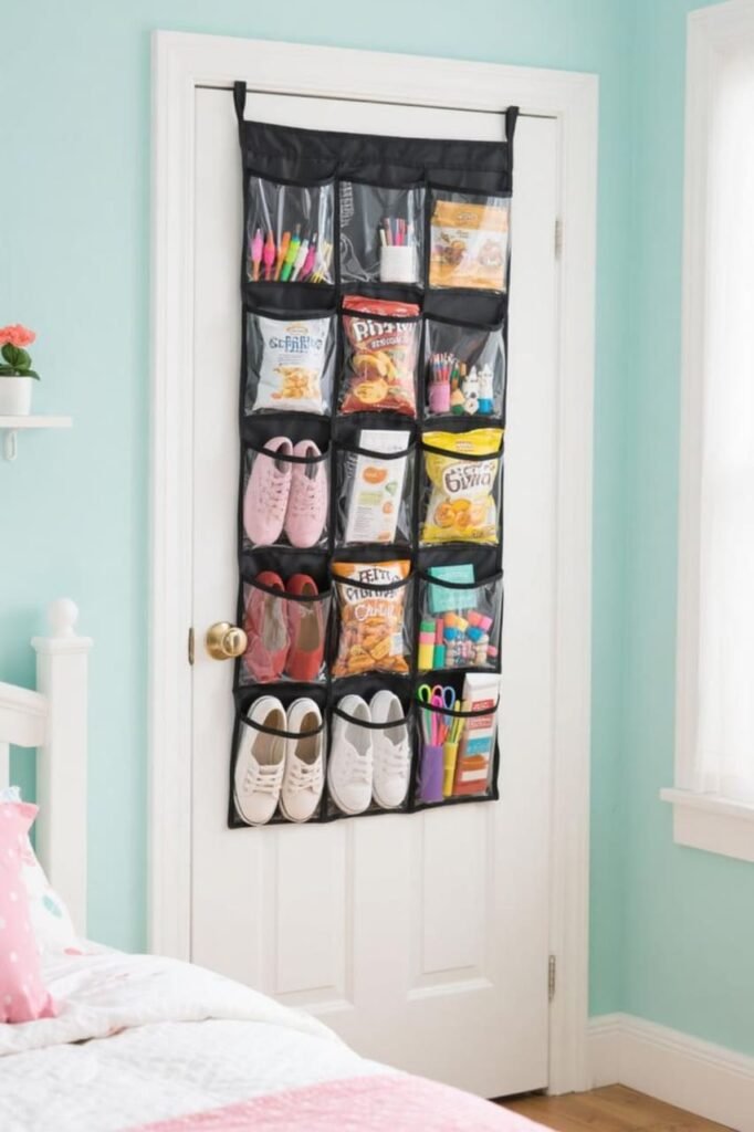 Over-the-door organizer with clear pockets holding shoes, snacks, and craft supplies.”