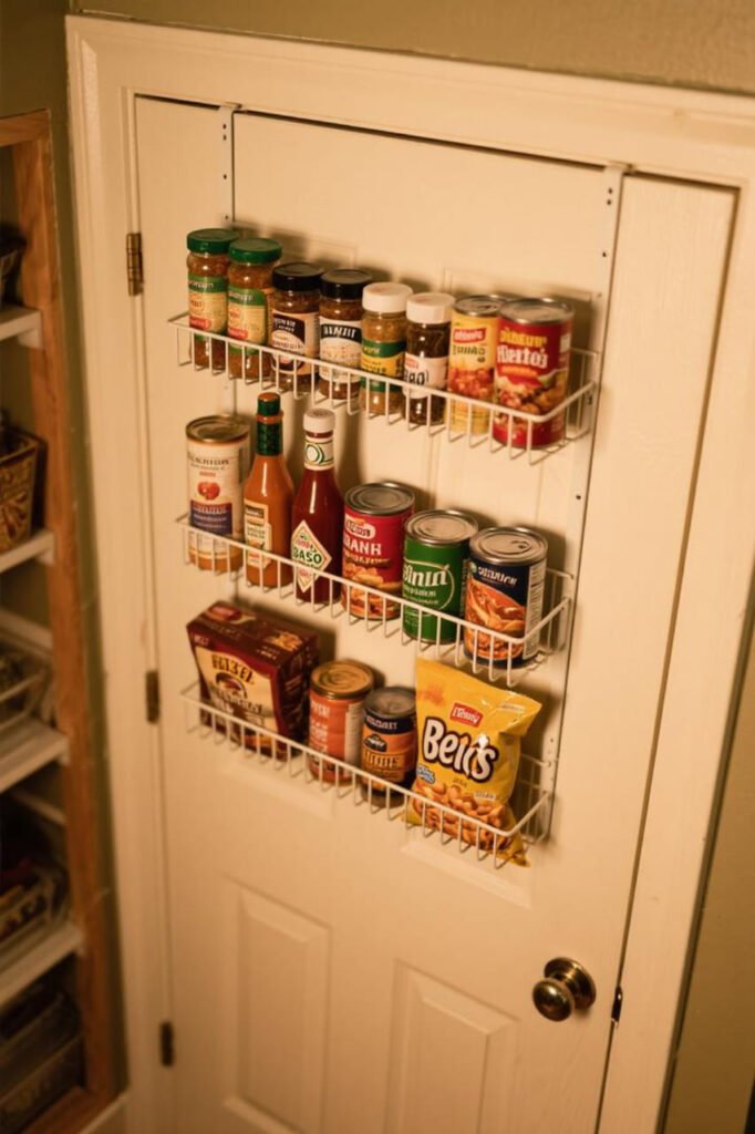 Over-the-door pantry rack holding spices, condiments, canned goods, and snacks.