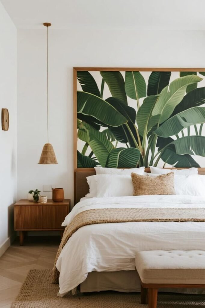 Oversized tropical leaf printable wall art behind a bed as a focal point.