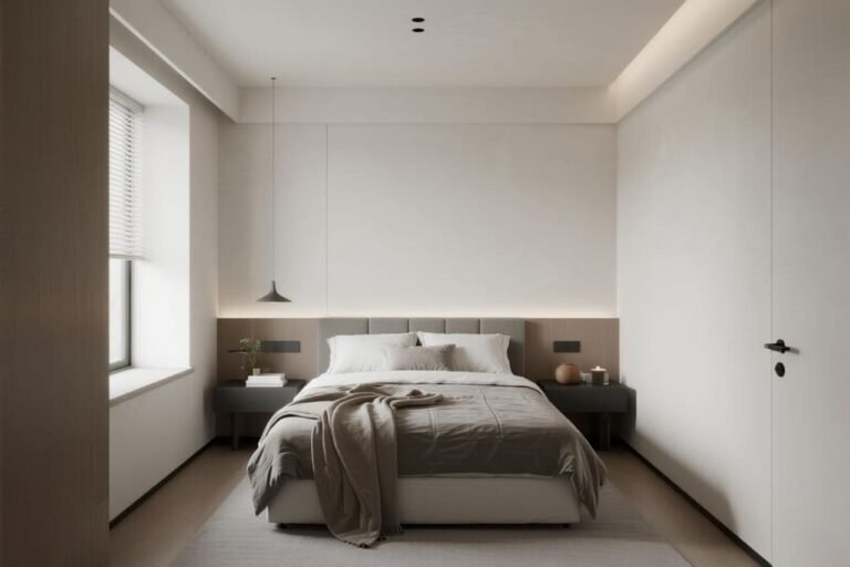 Small modern bedroom transformed with light paint colors, making the space appear larger and brighter.
