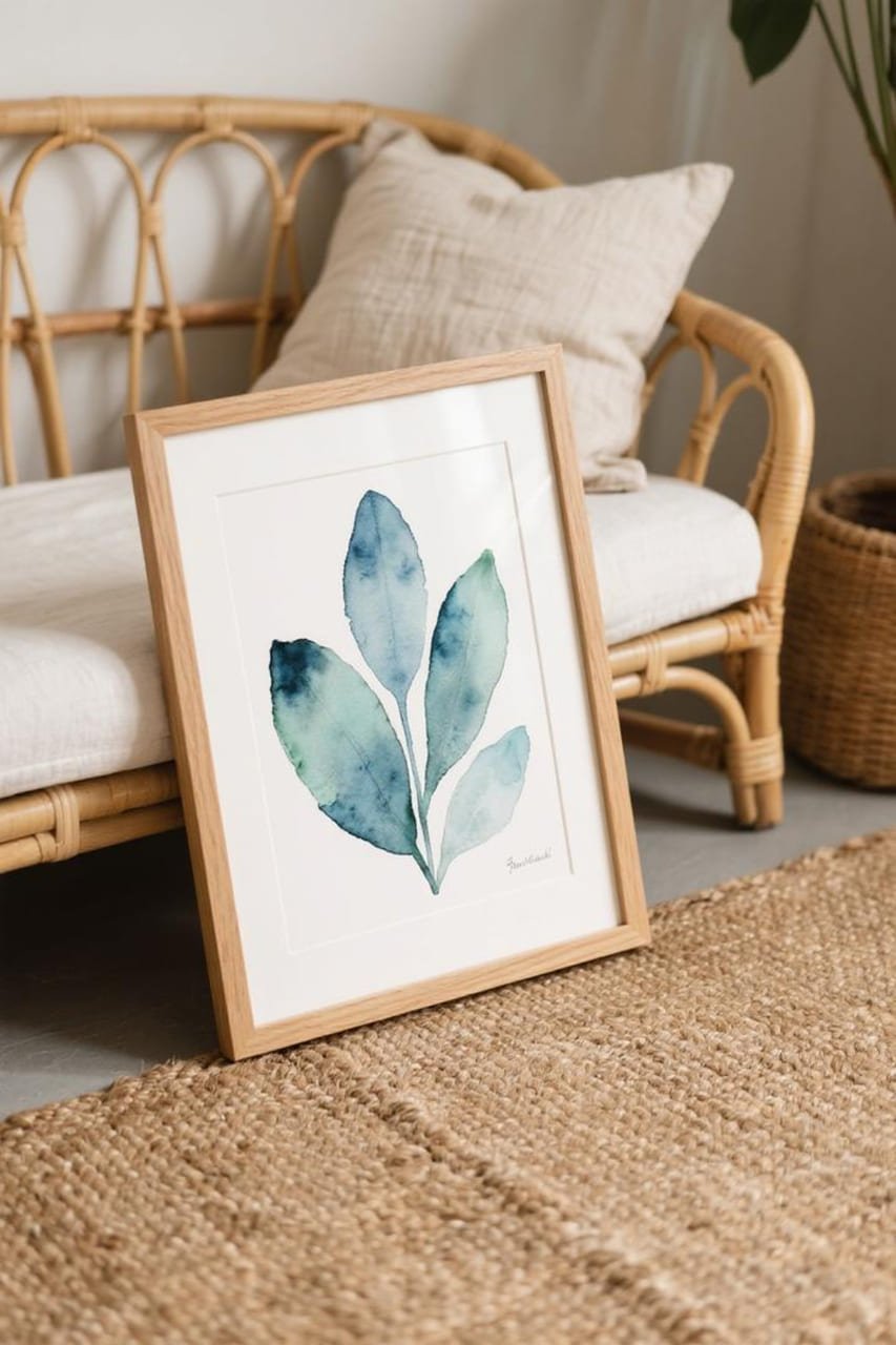 Watercolor print in a wooden frame styled with natural textures like rattan and linen.