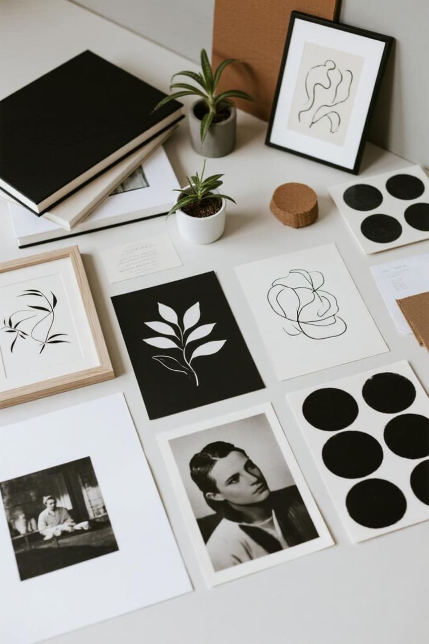 Flat lay of black-and-white prints, frames, and design samples arranged on a table.