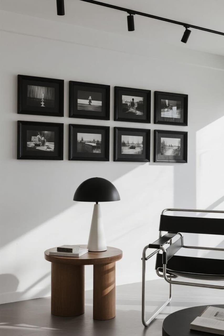 Black-and-white gallery wall with wide spacing between frames for a clean, bold look.