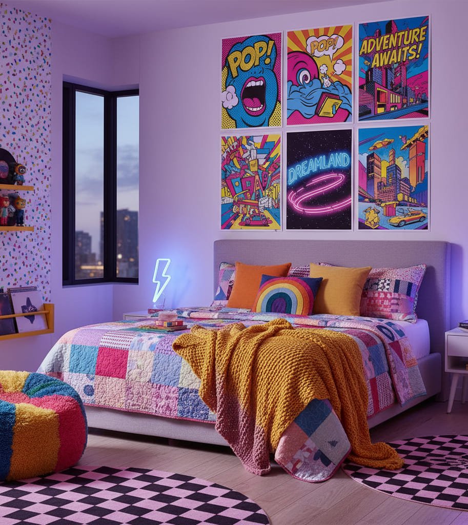 Bedroom decorated with pop art and retro neon printable posters above the bed.