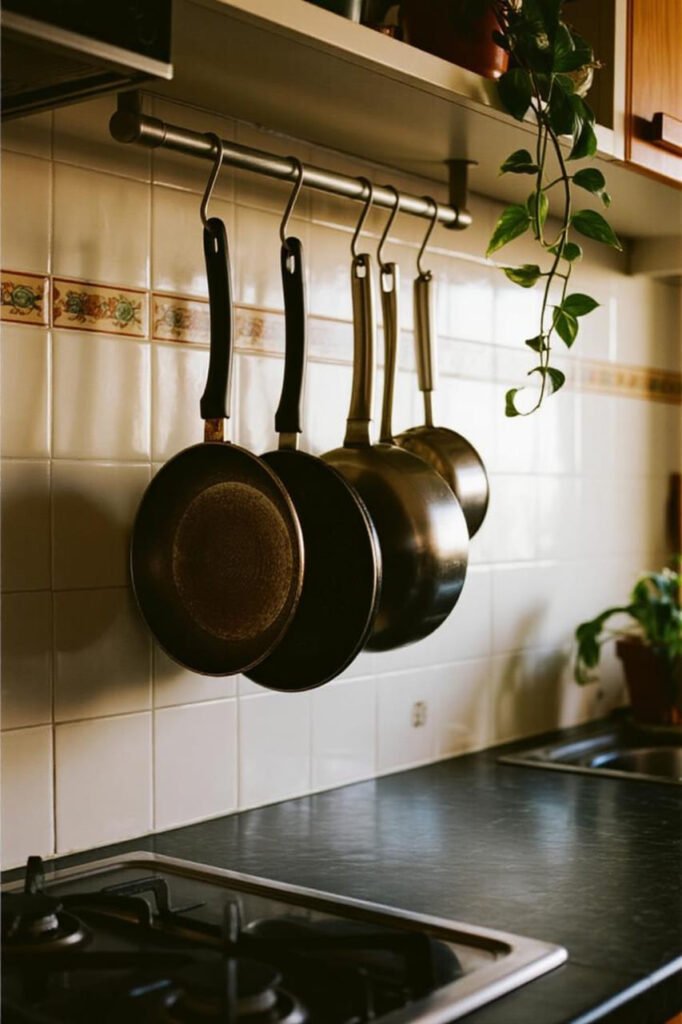 Wall rack with pots and pans neatly hanging on display.