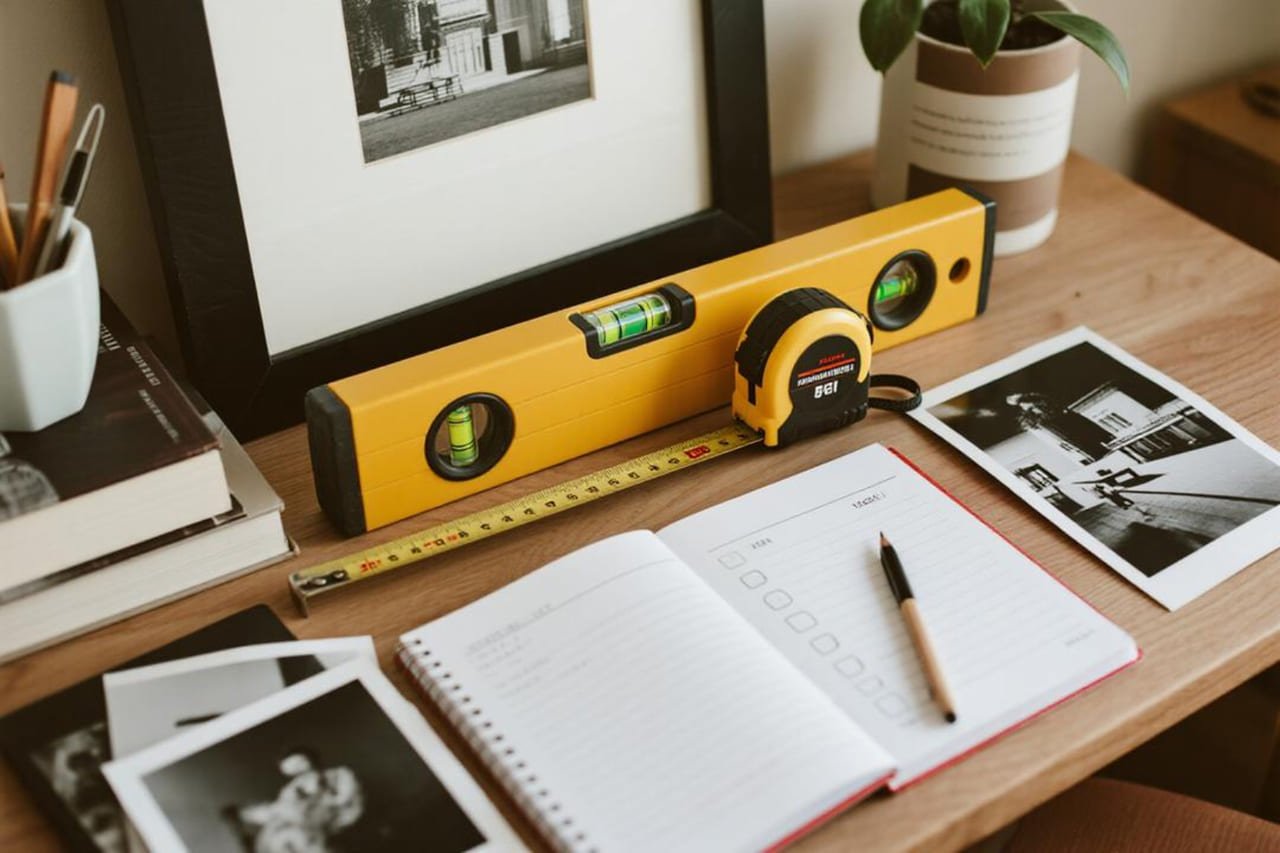 Flat lay of tools and checklist for planning a black-and-white gallery wall.