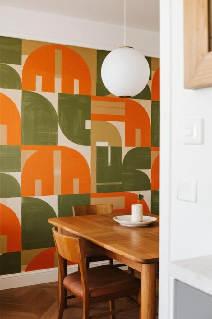Retro-inspired dining room with bold geometric wallpaper.