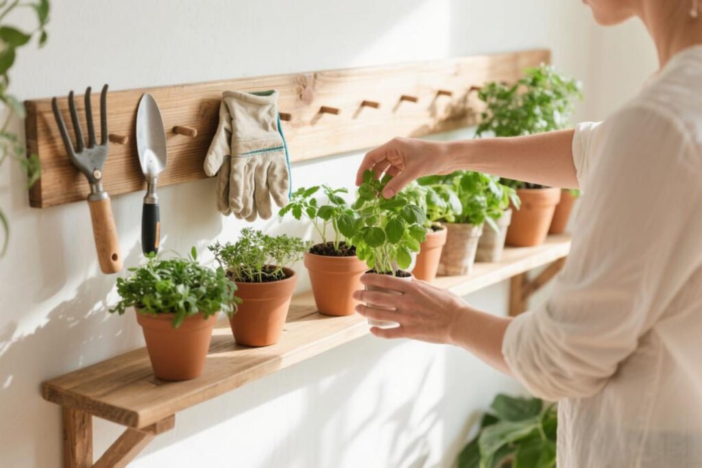 Person setting up a vertical garden by arranging herbs on a wooden wall shelf.