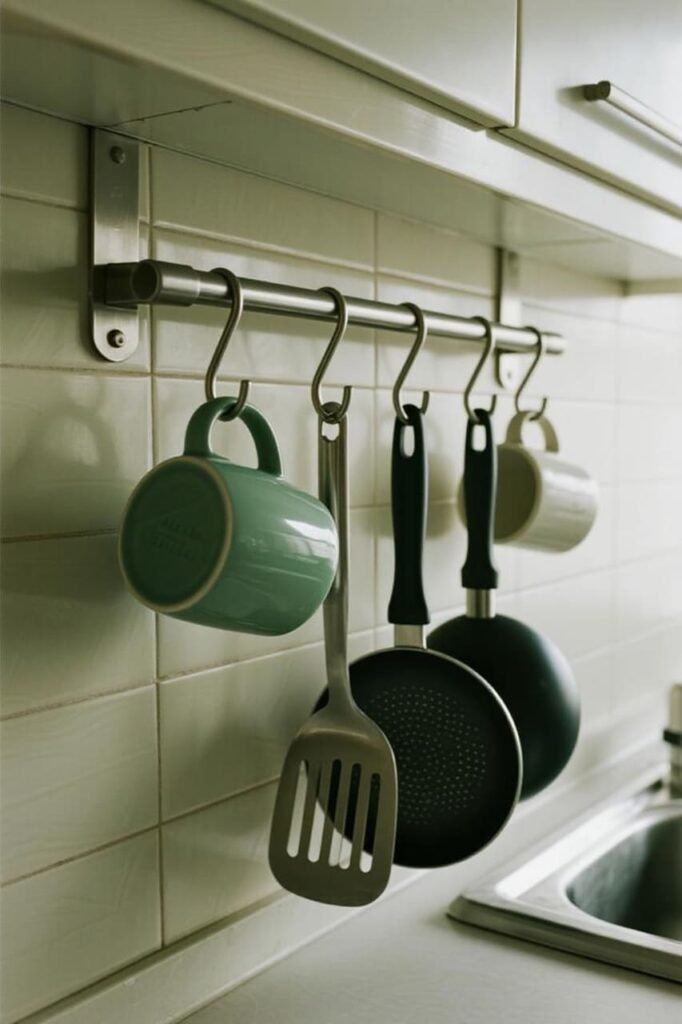 Kitchen rail with hooks displaying spatulas, ladles, and mugs.