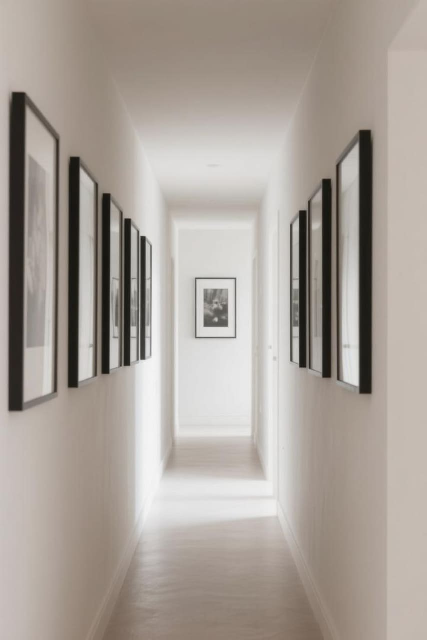 Narrow hallway with a symmetrical gallery wall of evenly spaced matching frames that make the space feel larger.