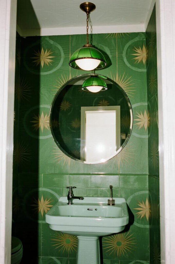 Powder room with bold Art Deco wallpaper and modern sink.