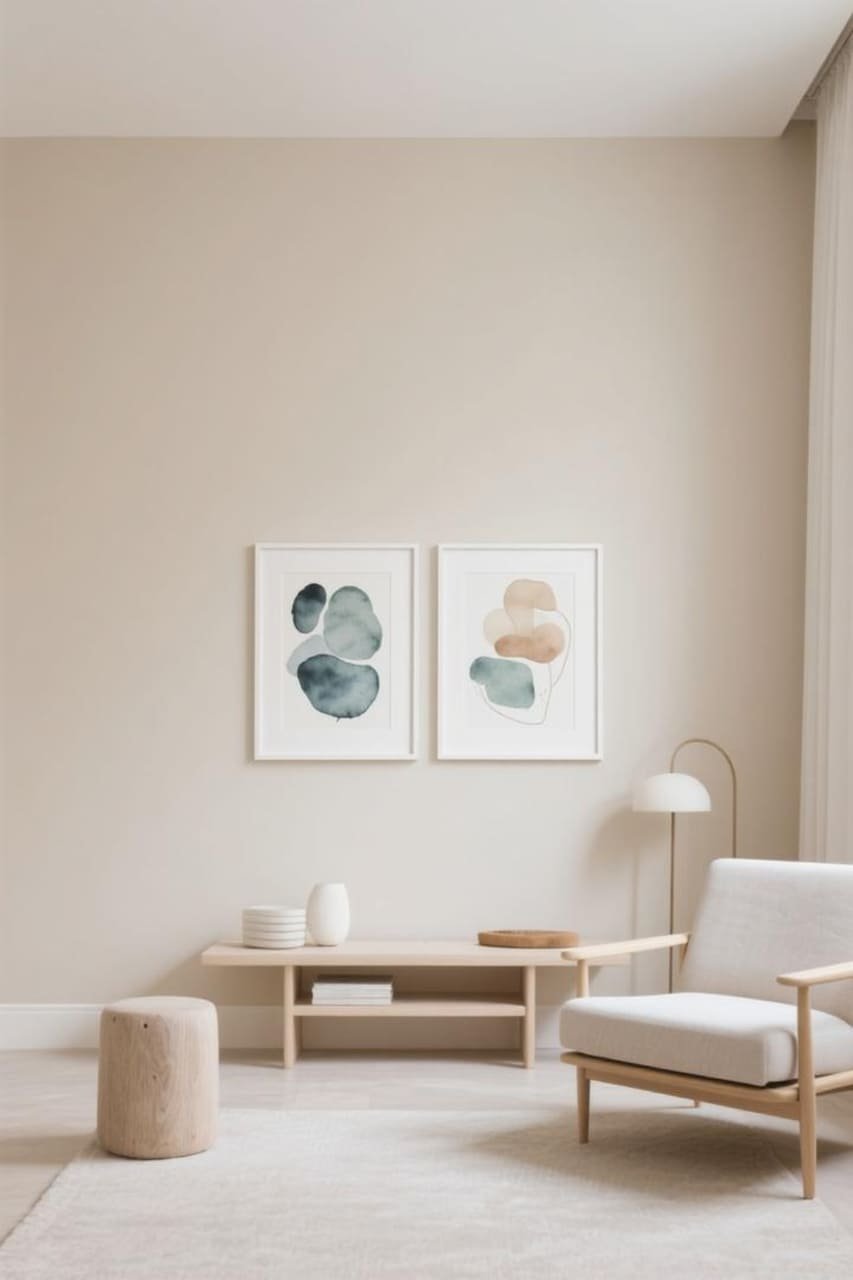 Minimalist room featuring soft neutral watercolor prints in white frames.