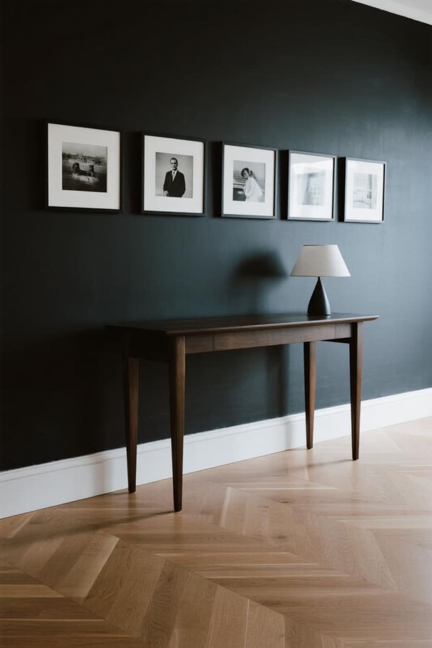 Horizontal strip of black-and-white frames above a console table.