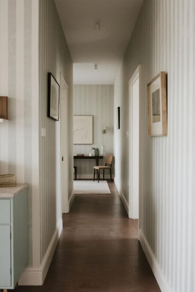 Vertical striped wallpaper in a hallway visually increases ceiling height.