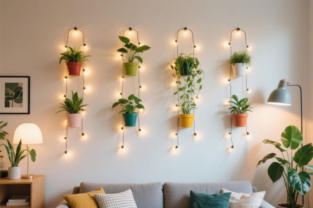 Vertical garden wall decorated with plants, string lights, and colorful pots in a living room.