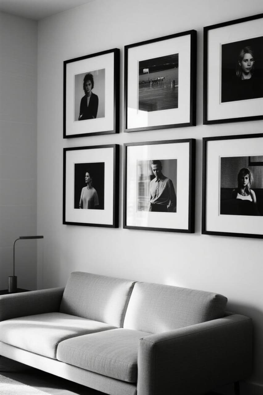 Symmetrical grid layout of black-and-white framed artwork in a modern living room.