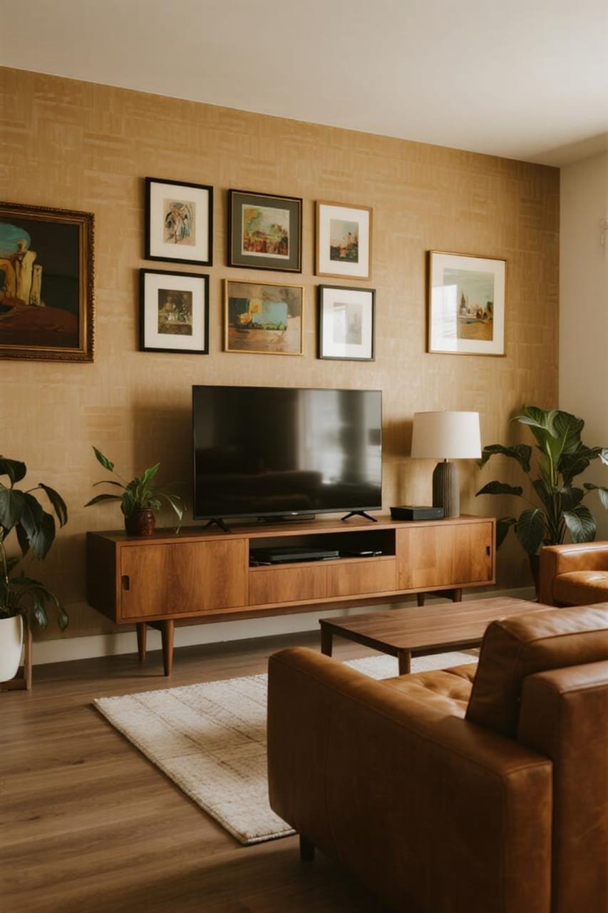 A sleek symmetrical gallery wall design around a flat-screen TV with matching black frames, evenly spaced, in a modern neutral living room.