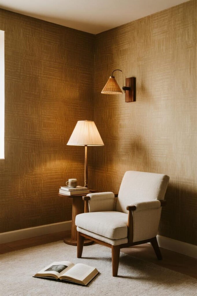 Grasscloth textured wallpaper in a reading nook adds subtle depth to a small space.