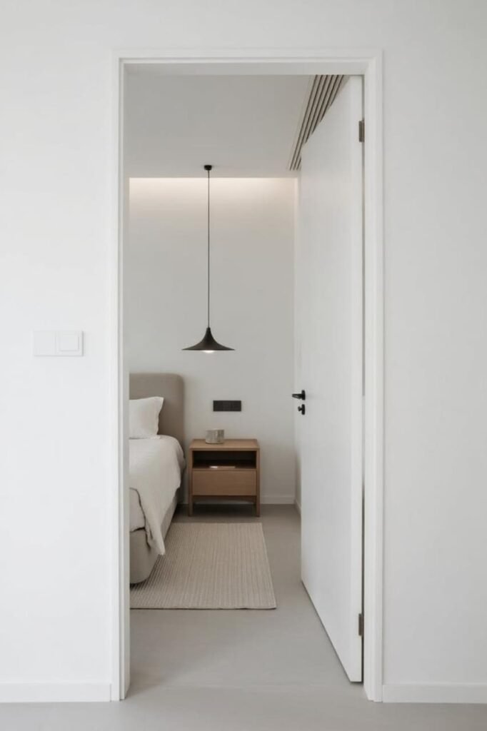 Small bedroom with walls and ceiling painted the same light color to create a seamless, expansive look.