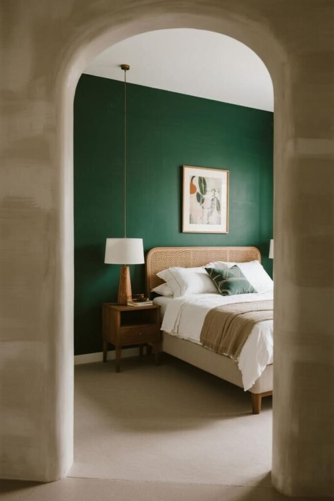 Bedroom with a painted accent wall behind the bed to create a focal point.