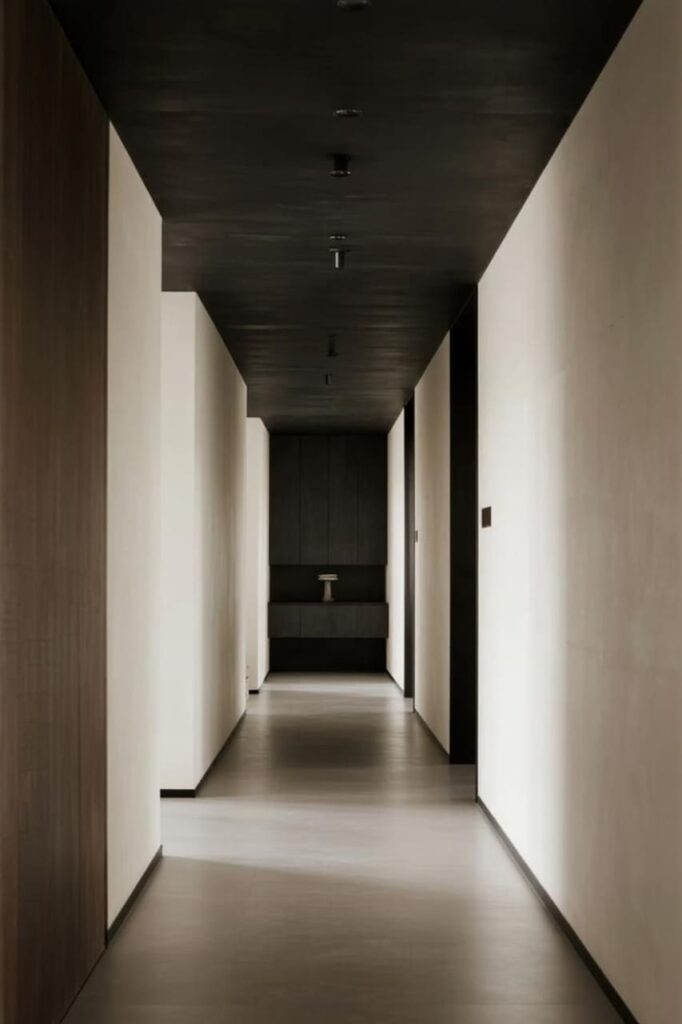 Narrow hallway with a dark end wall and ceiling to visually shorten the room.