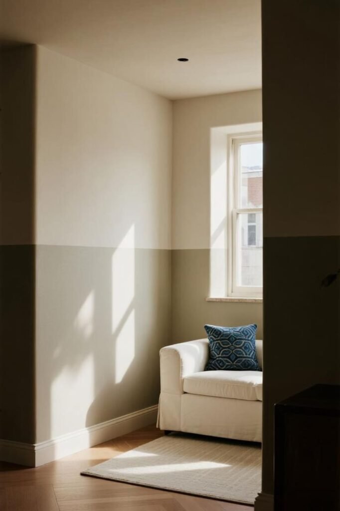 Room painted with a lighter top half and ceiling to make the space feel taller.