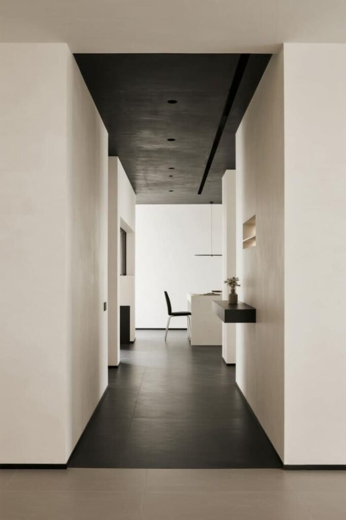 Room with dark ceiling and floor contrasting with light walls to make the space feel more contained.