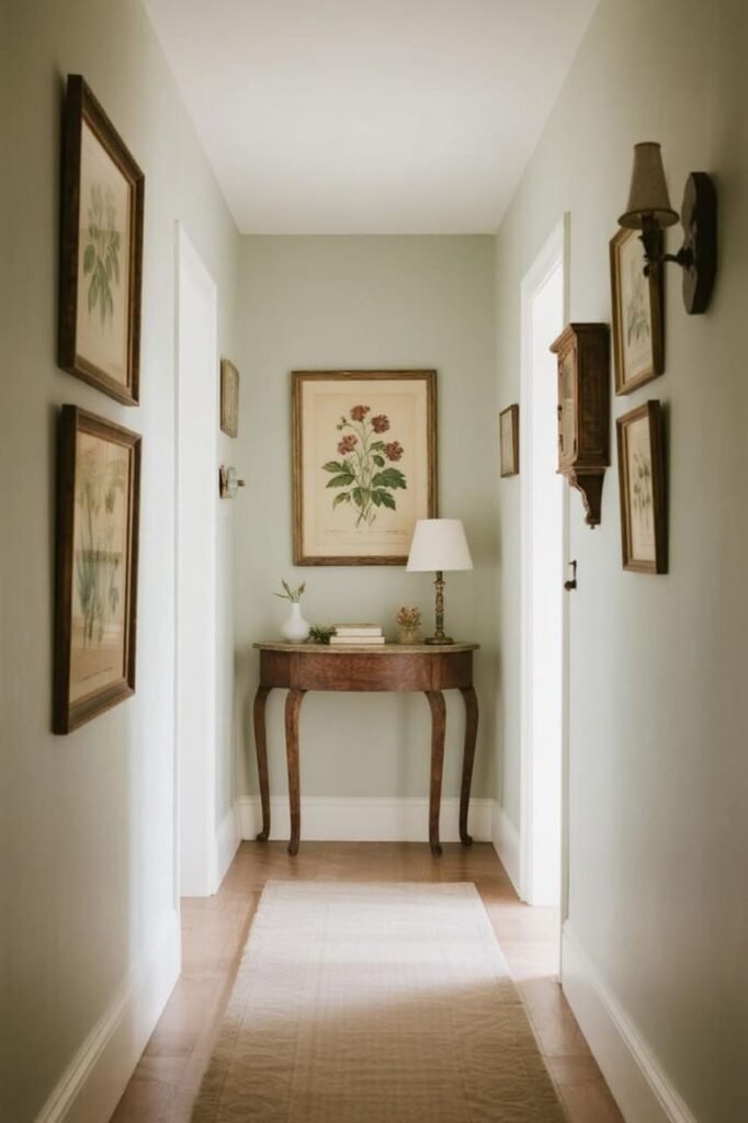 Vintage botanical illustration prints framed in rustic wood along a hallway wall.
