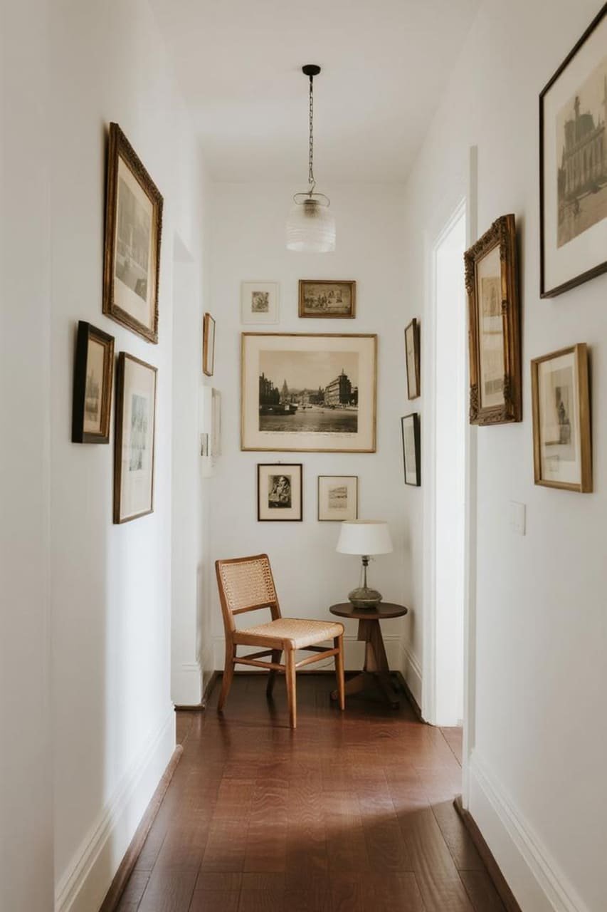 Black-and-white gallery wall combining vintage postcards with modern graphic prints.
