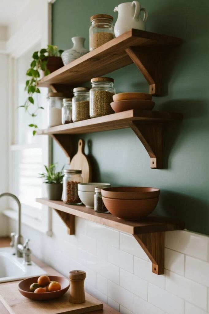 Floating kitchen shelves with jars, bowls, and décor accents.