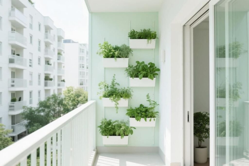 Small balcony with herbs and plants growing vertically in wall planters.
