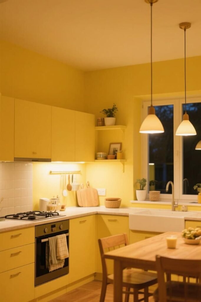 Yellow painted kitchen walls glowing warmly under artificial light.