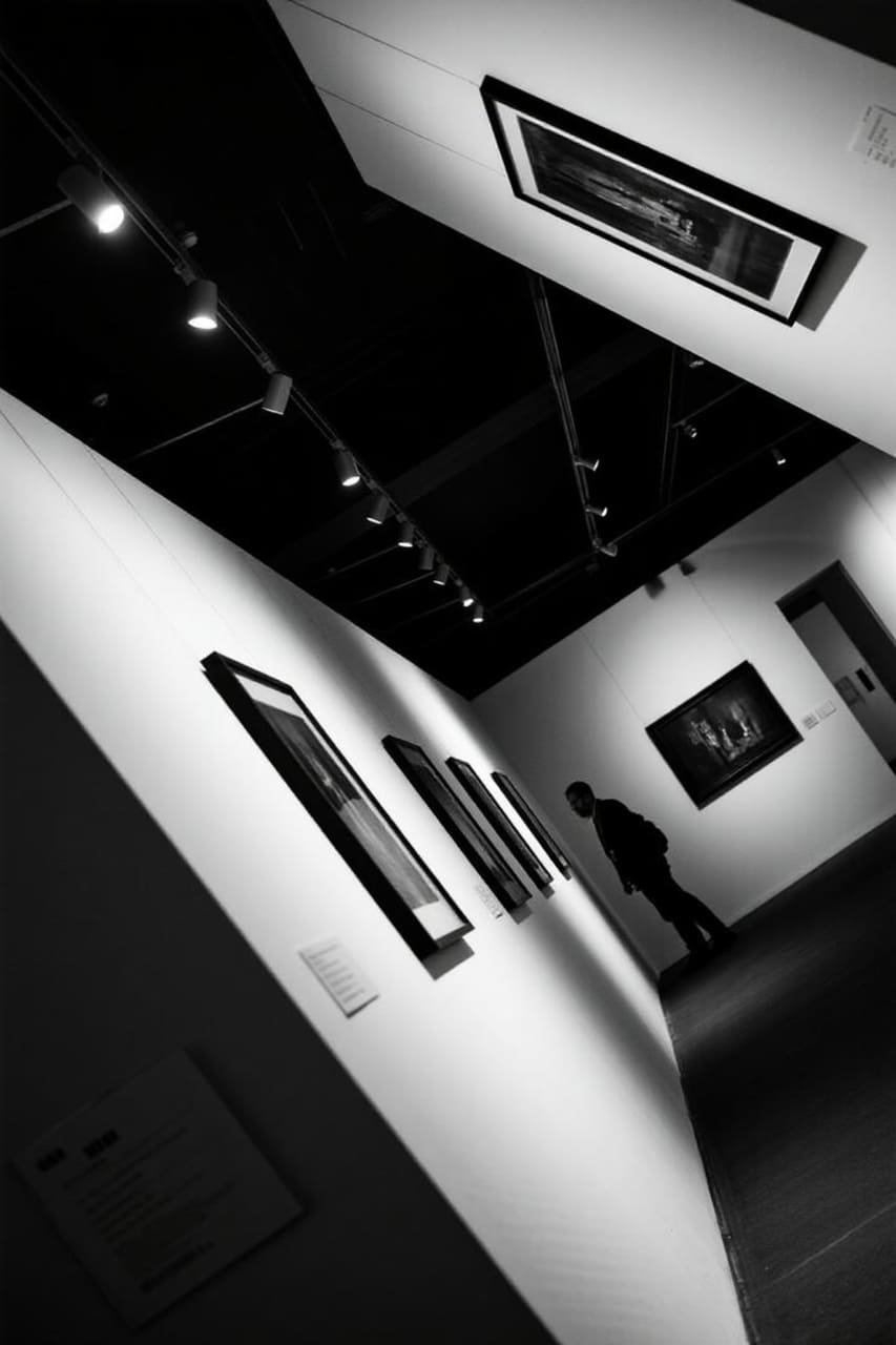 Black-and-white gallery wall with accent lighting for a dramatic, gallery-style vibe.