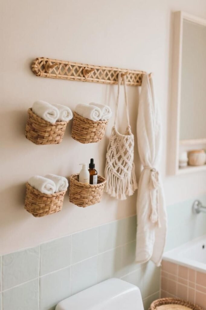 Boho bedroom wall with macramé pouches as storage, woven baskets used for hats, and rattan jewelry organizers.
