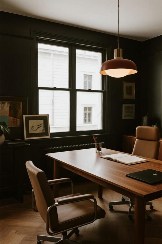 Charcoal black walls in a home office for a bold and modern design