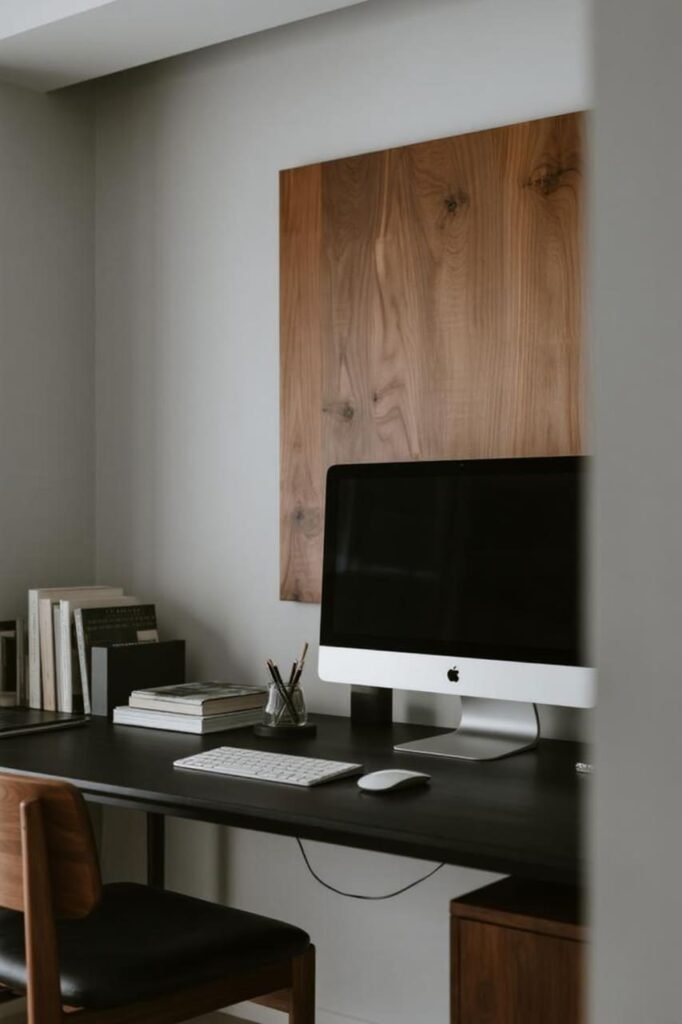 Minimalist home office with cool gray walls and wood accents for a modern look.