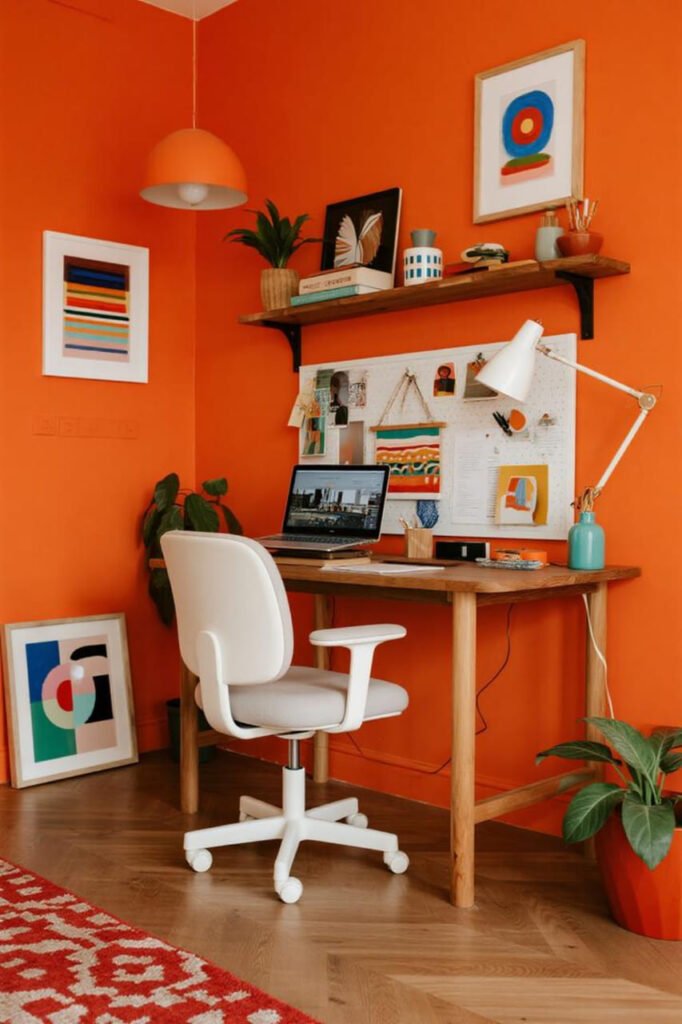 Coral terracotta walls in a home office for a bold and creative design.