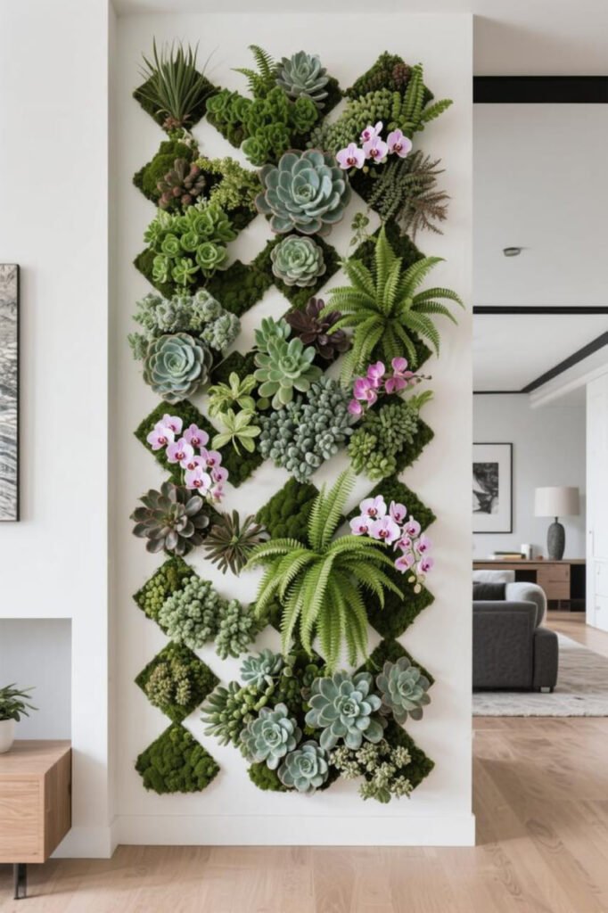 Decorative vertical wall garden with succulents, ferns, and orchids.