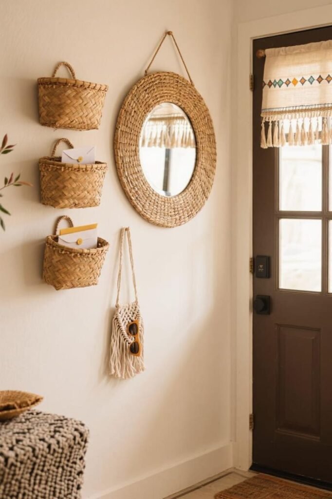 Bohemian entryway with wall baskets for mail, macramé pouch for sunglasses, and large woven mirror.