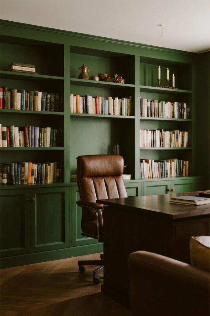 Forest green home office walls for a moody, library-inspired workspace.